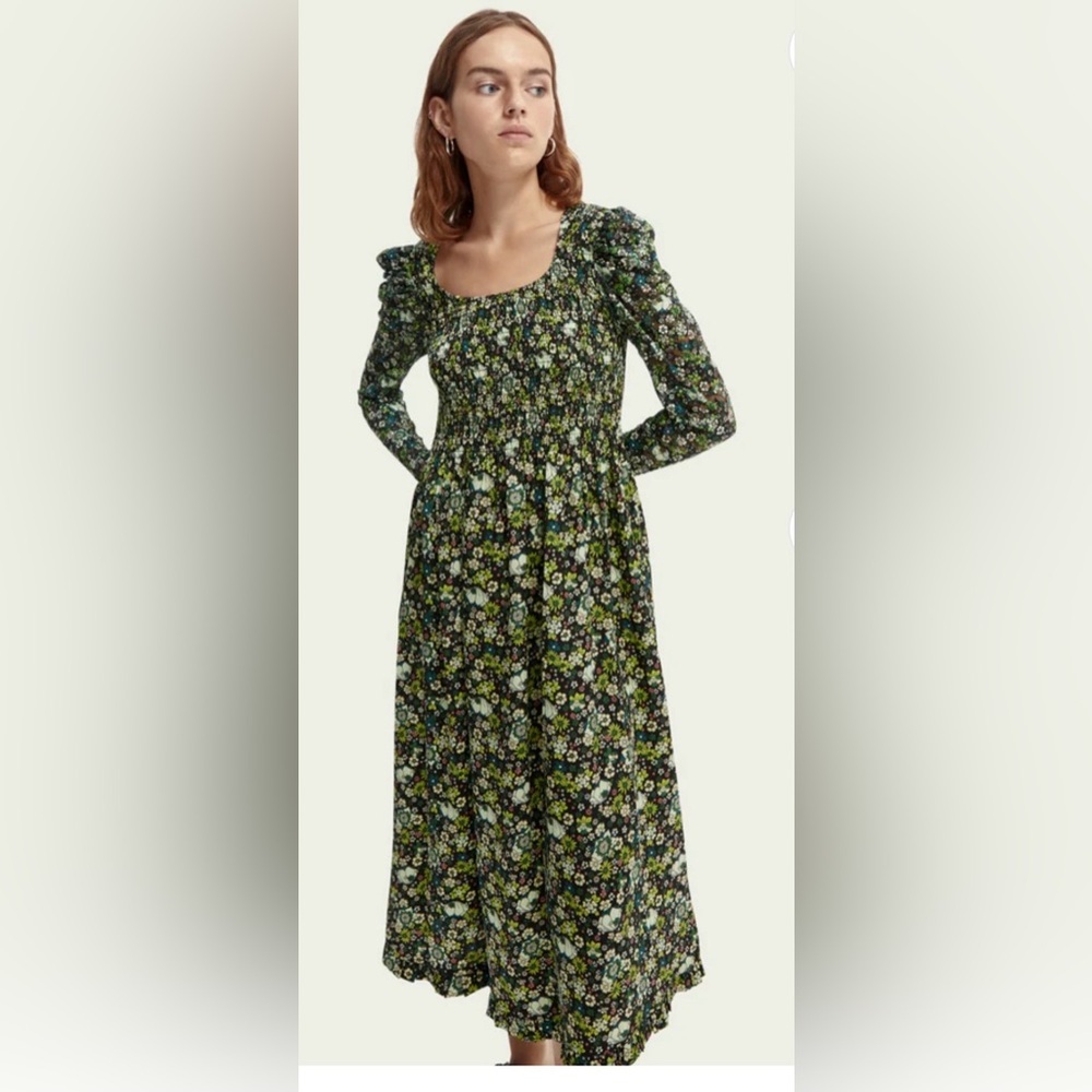 Scotch & Soda Floral Lace Sleeve Smocked Midi Dress